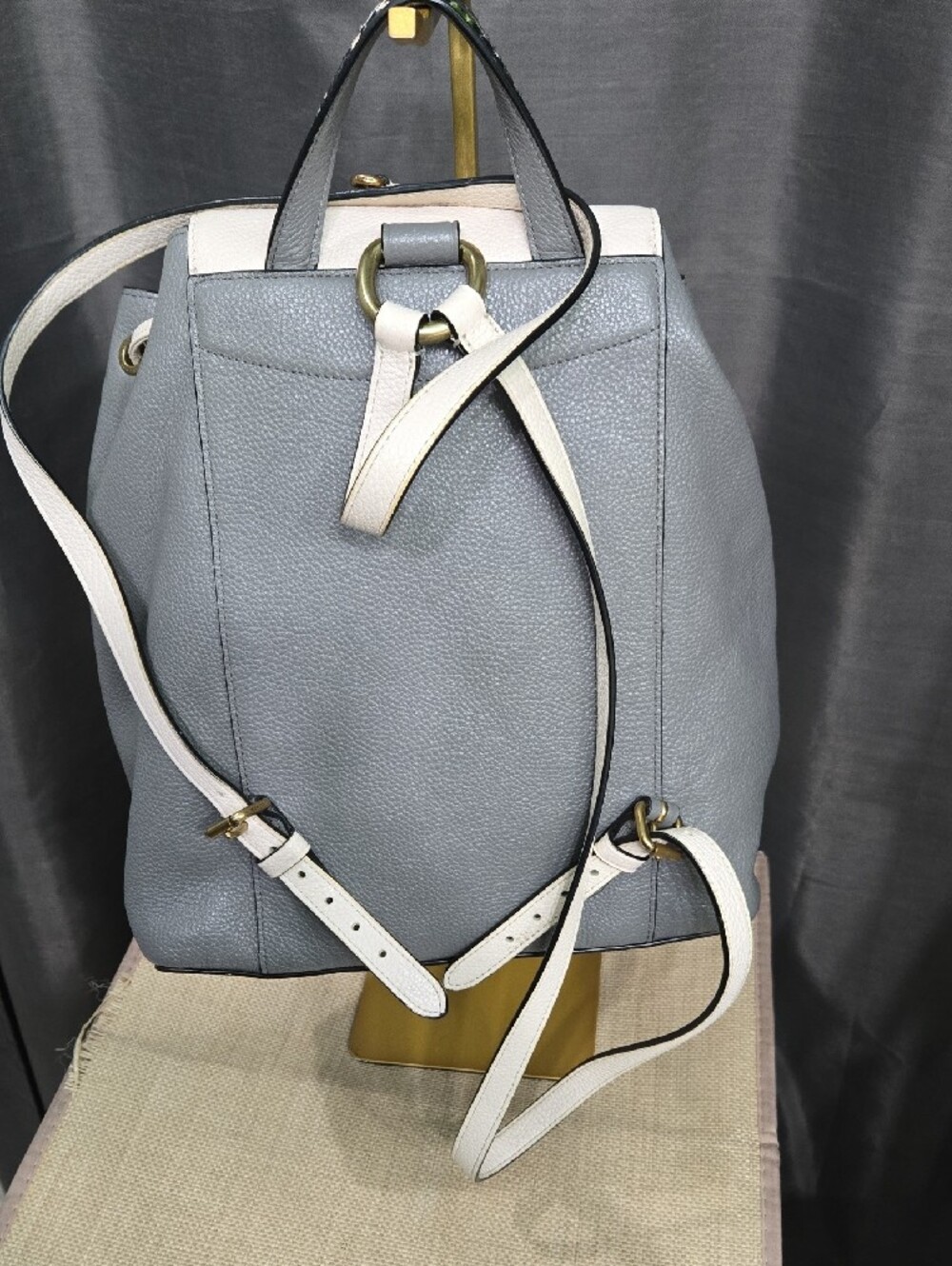 Coach Gray and Cream Leather Drawstring Backpack with Snakeskin Trim - Picture 5 of 14